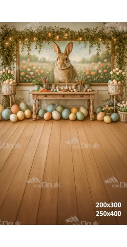 Tło fotograficzne „Wielkanocna pracownia z królikiem, jajkami i tulipanami” | E656